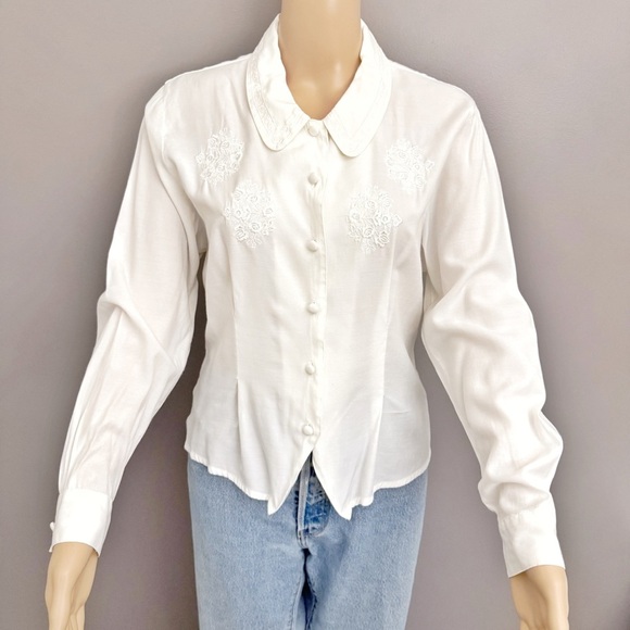 Vintage Tops - Vintage Romantic Boho Cottagecore Lace Collar Cream White Button Down  Blouse